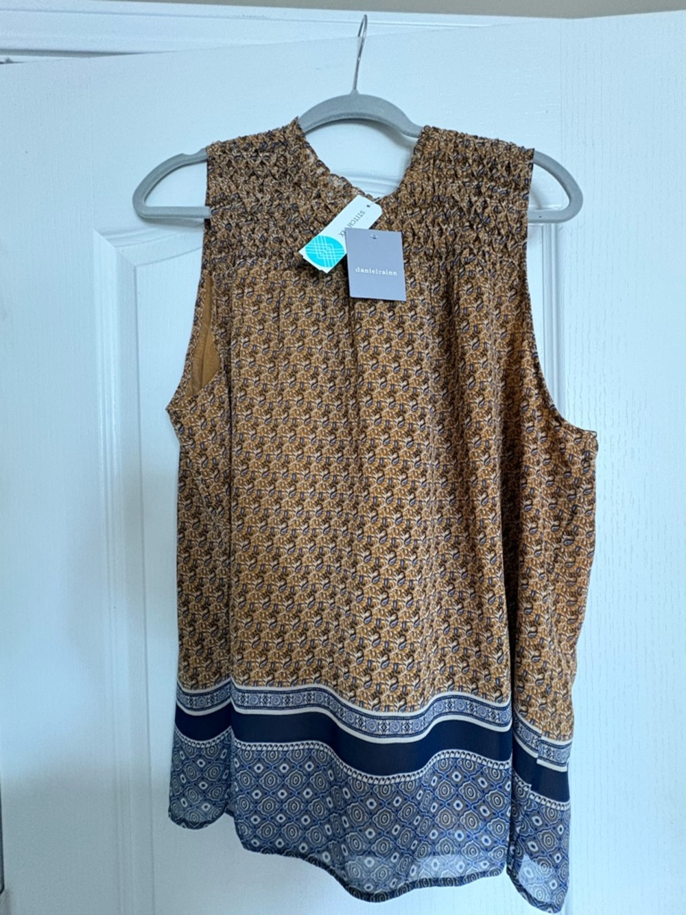 Daniel Rainn Mustard & Navy Smocked Neck Sleeveless Top